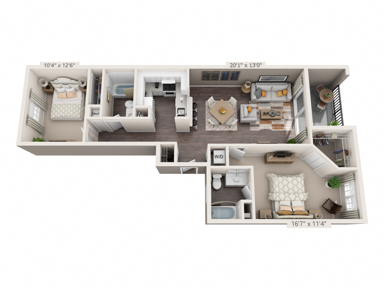 Floor plan for 2 beds, 2 baths, 1001 sqft